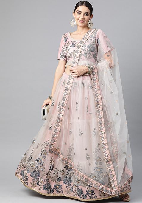 Peach Thread Embroidered Net Lehenga Set