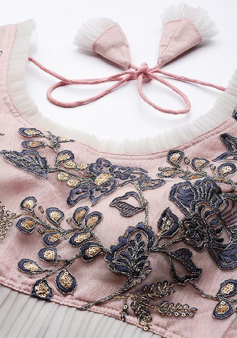 Peach Thread Embroidered Net Lehenga Set