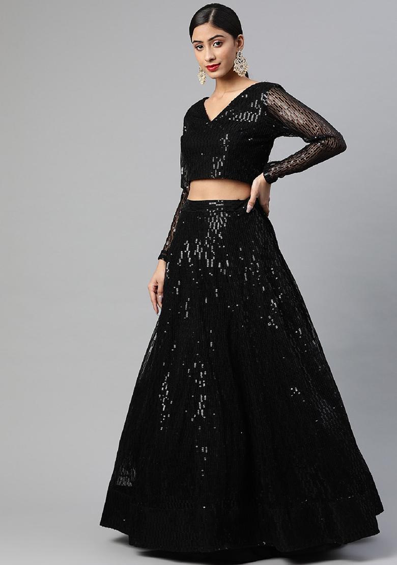 Black Thread Embroidered Net Lehenga Set