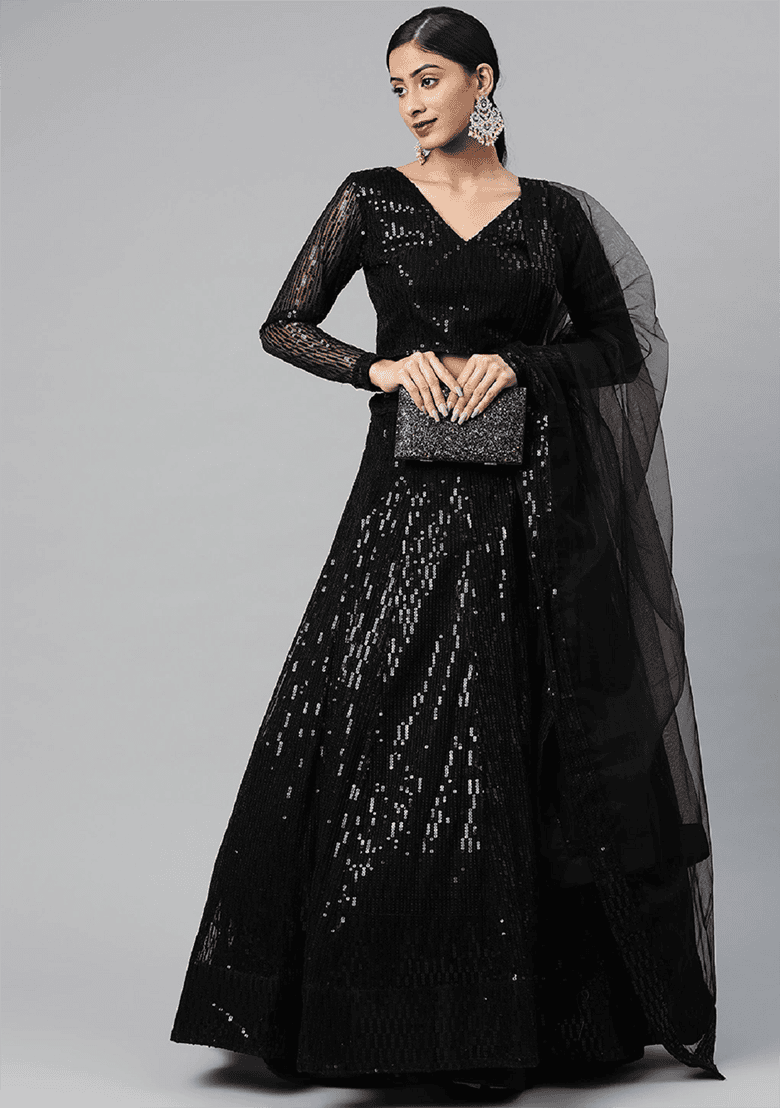 Black Thread Embroidered Net Lehenga Set
