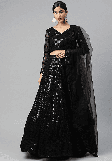 Black Thread Embroidered Net Lehenga Set