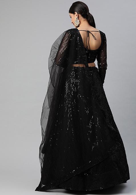 Black Thread Embroidered Net Lehenga Set