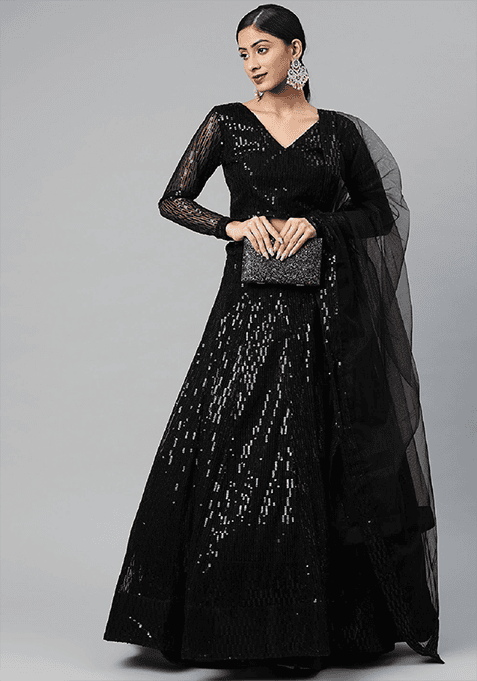 Black Thread Embroidered Net Lehenga Set