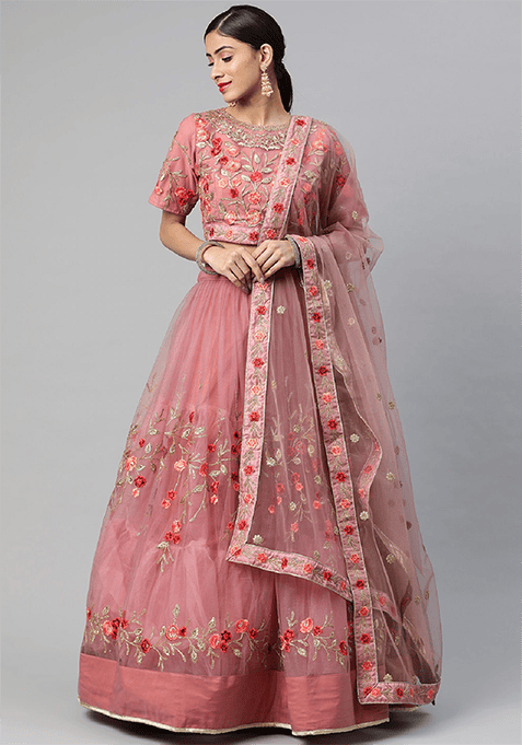 Dusty Pink Thread Embroidered Net Lehenga Set