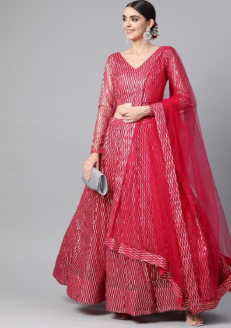 Rani Pink Thread Embroidered Net Lehenga Set