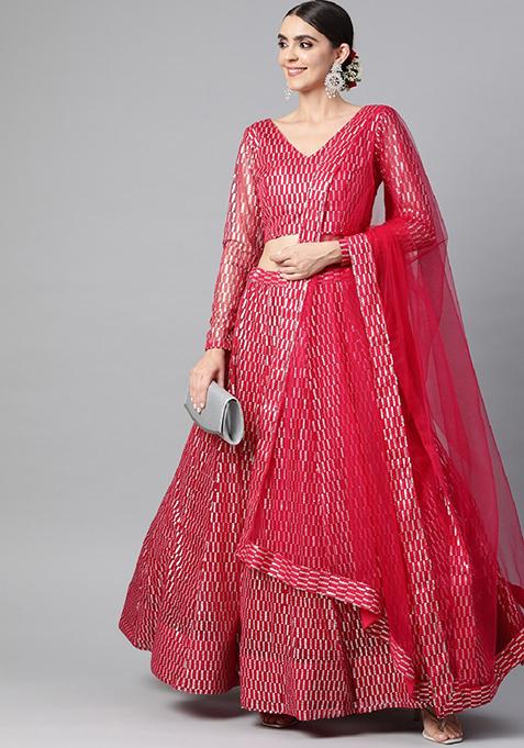 Rani Pink Thread Embroidered Net Lehenga Set