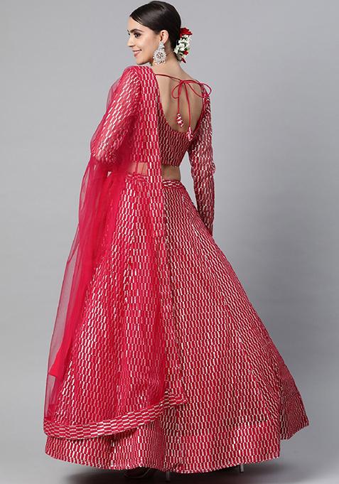 Rani Pink Thread Embroidered Net Lehenga Set