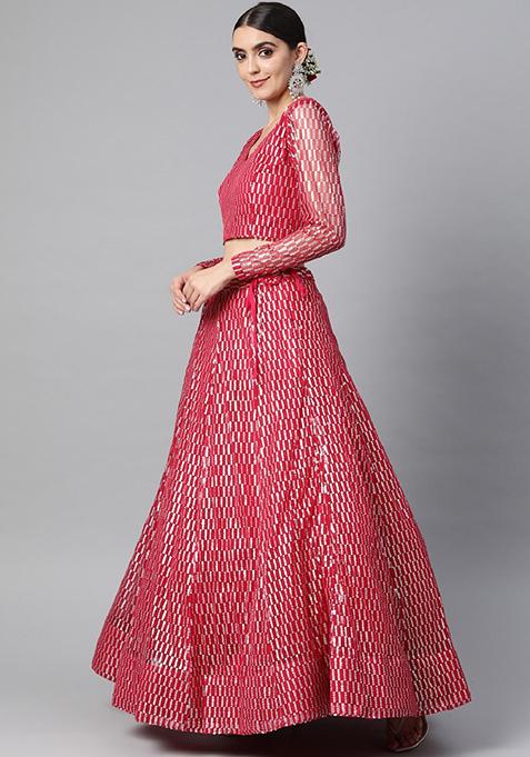 Rani Pink Thread Embroidered Net Lehenga Set