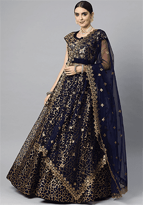 Navy Blue Thread Embroidered Net Lehenga Set