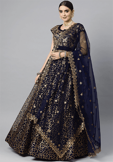 Navy Blue Thread Embroidered Net Lehenga Set