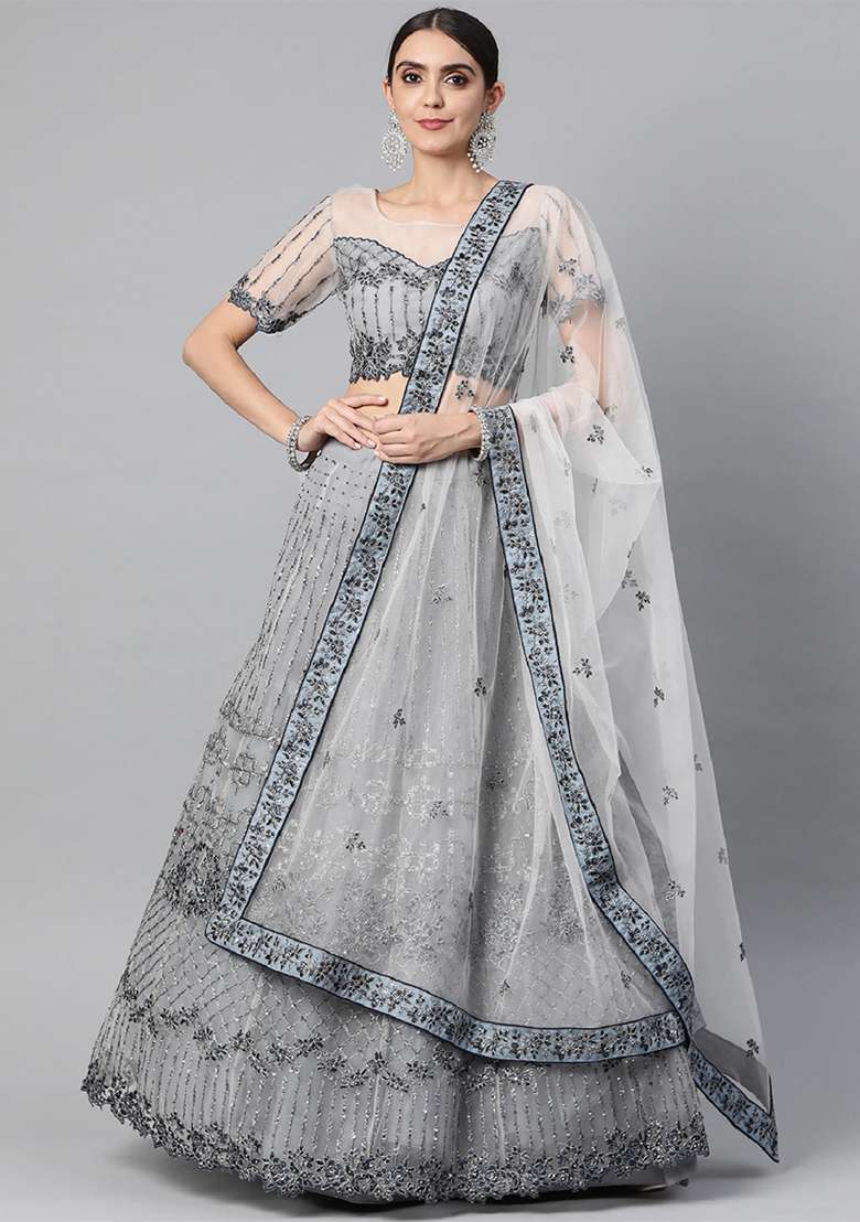 Grey Thread Net Lehenga Set with Embroidered for Diwali | Wedding & Festive Wear - Indya