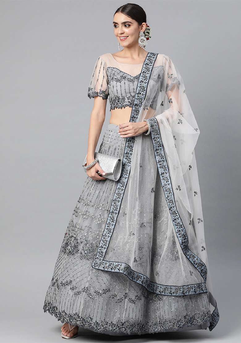 Grey Thread Net Lehenga Set with Embroidered for Diwali | Wedding & Festive Wear - Indya