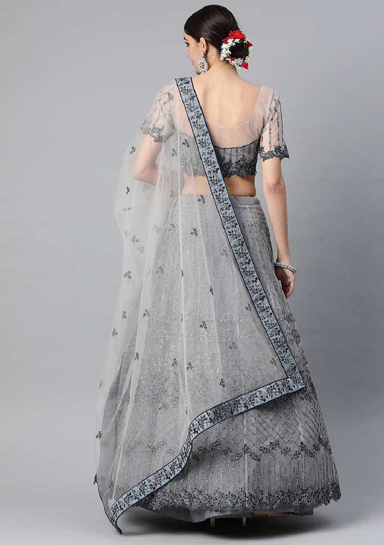 Grey Thread Net Lehenga Set with Embroidered for Diwali | Wedding & Festive Wear - Indya