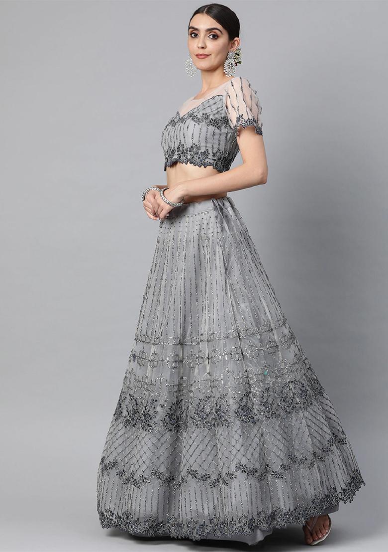 Grey Thread Embroidered Net Lehenga Set - Indya