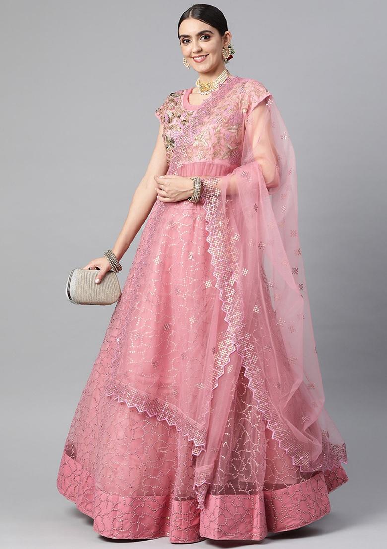 Pink Thread Embroidered Net Lehenga Set