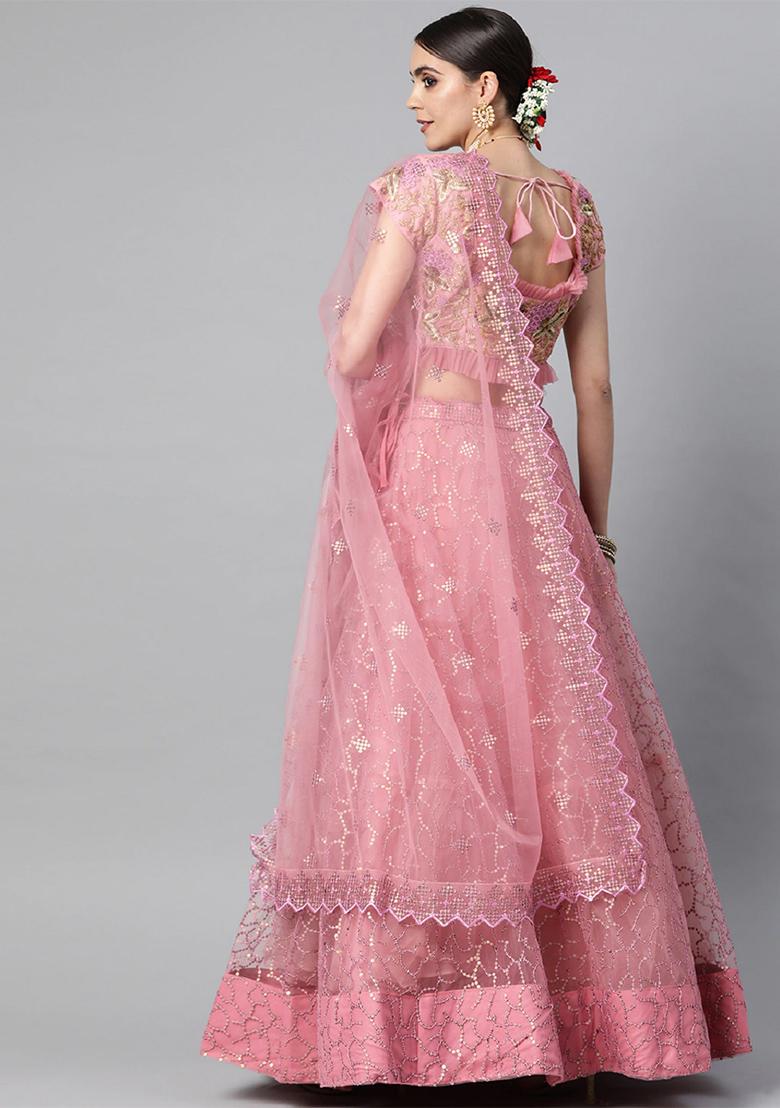 Pink Thread Embroidered Net Lehenga Set