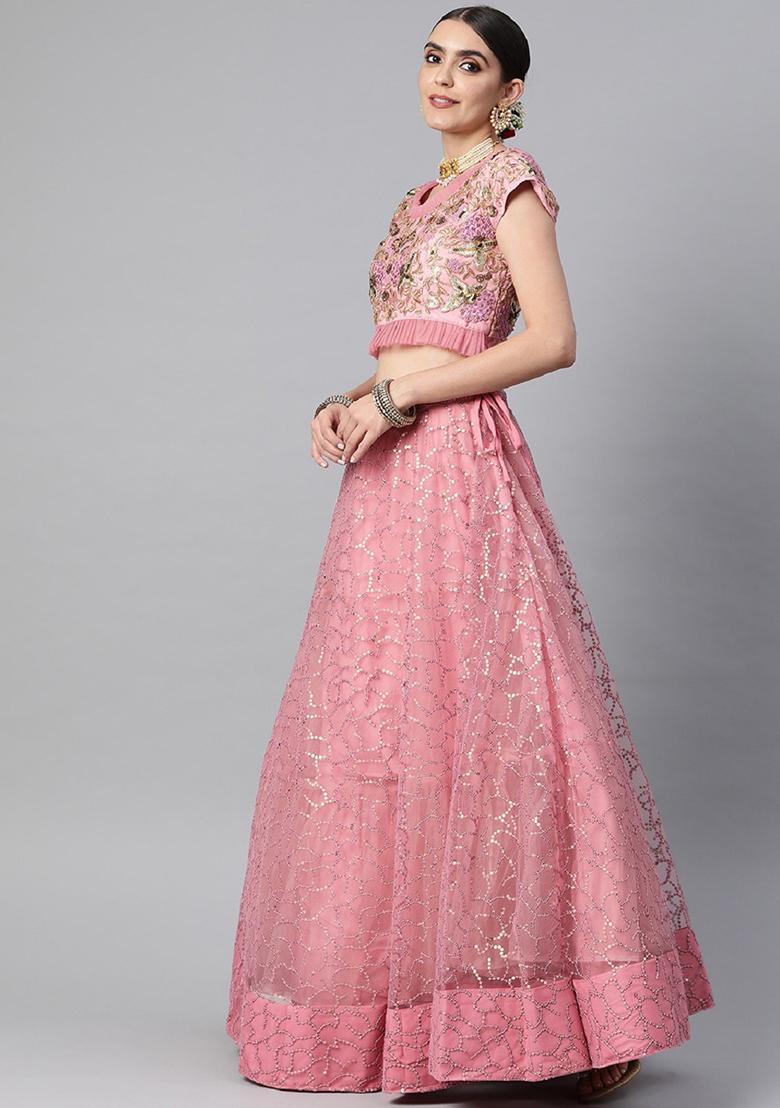 Pink Thread Embroidered Net Lehenga Set
