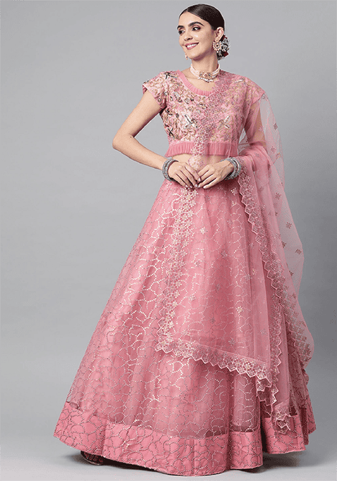 Pink Thread Embroidered Net Lehenga Set