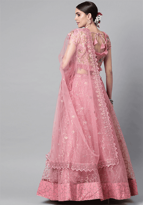 Pink Thread Embroidered Net Lehenga Set