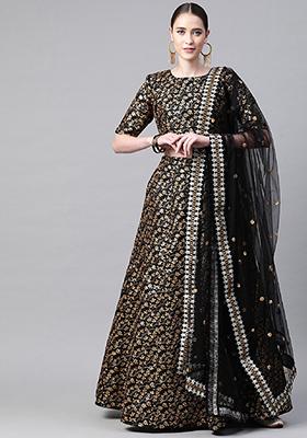 Black Thread Embroidered Raw Silk Lehenga Set