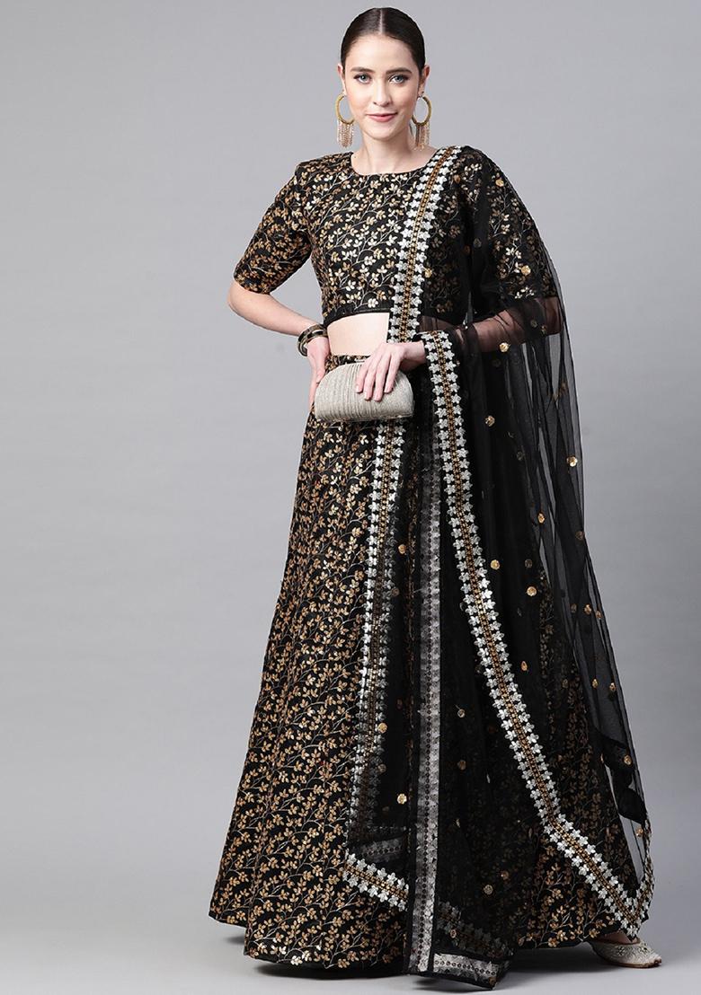 Black Thread Embroidered Raw Silk Lehenga Set