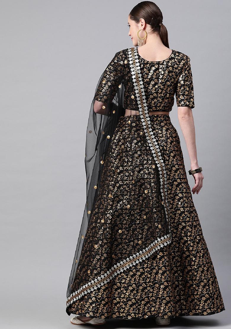 Black Thread Embroidered Raw Silk Lehenga Set
