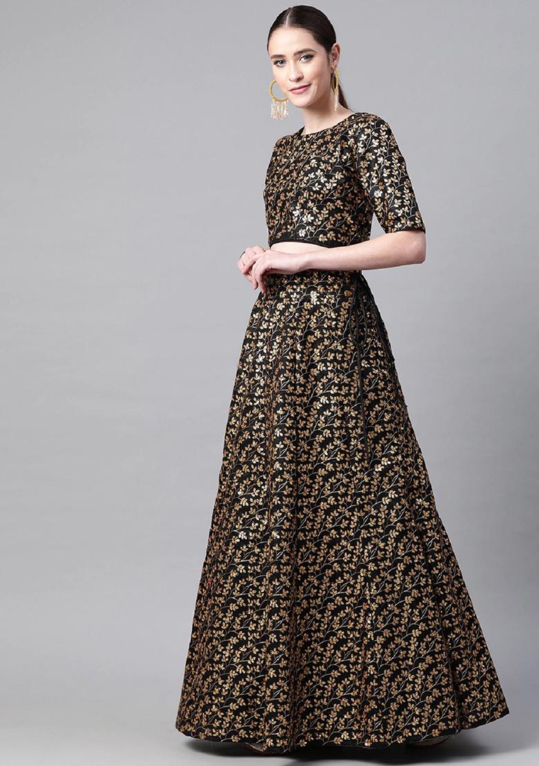 Black Thread Embroidered Raw Silk Lehenga Set