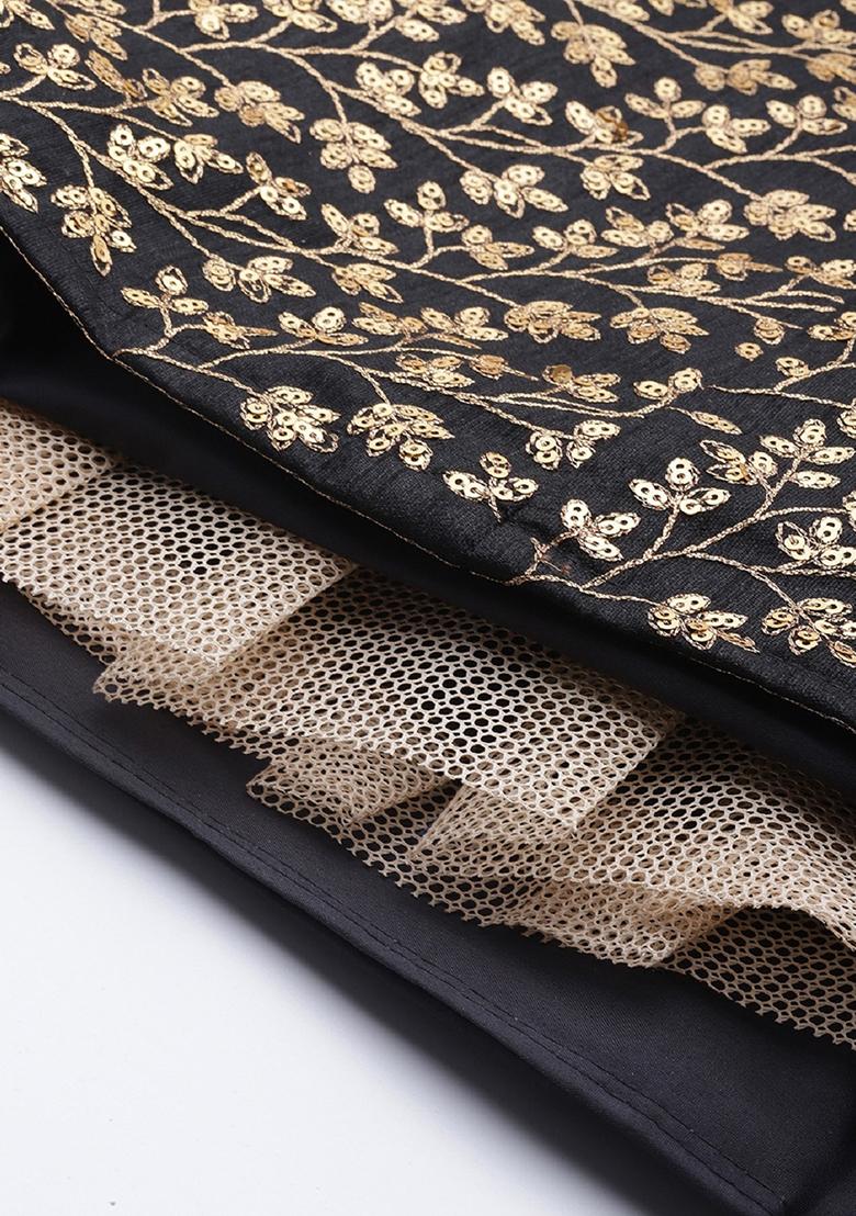 Black Thread Embroidered Raw Silk Lehenga Set