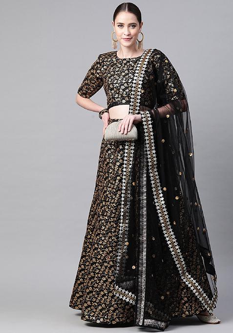 Black Thread Embroidered Raw Silk Lehenga Set
