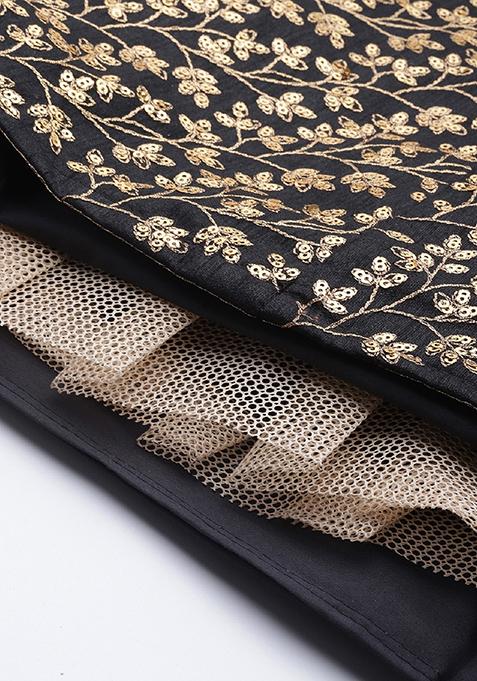 Black Thread Embroidered Raw Silk Lehenga Set
