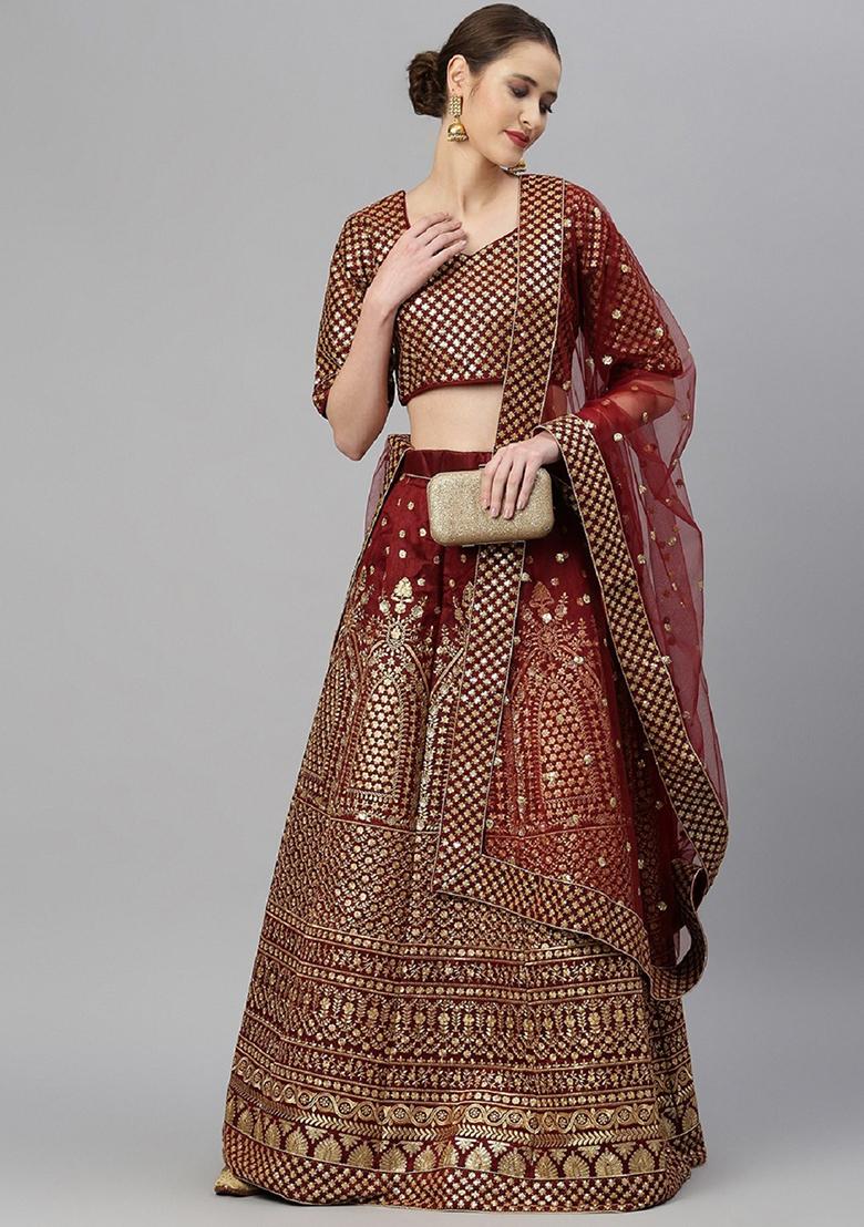Maroon Zari Embroidered Raw Silk Lehenga Set