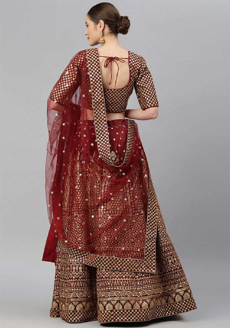 Maroon Zari Embroidered Raw Silk Lehenga Set