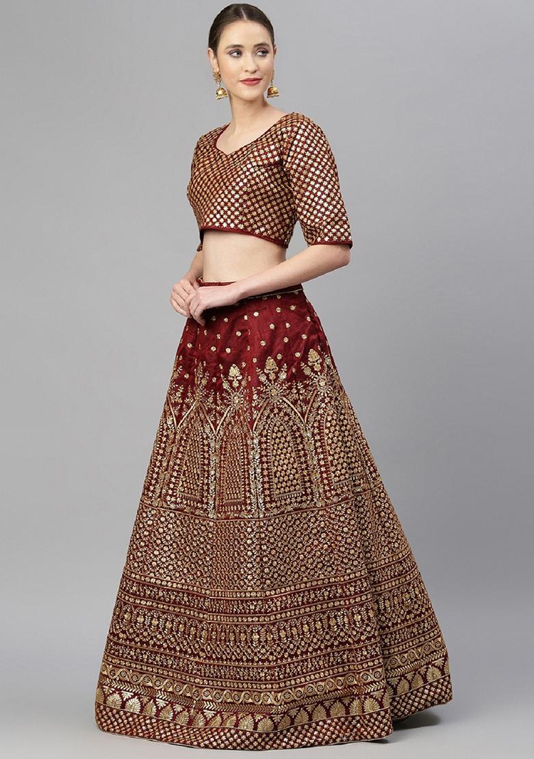 Maroon Zari Embroidered Raw Silk Lehenga Set - Indya