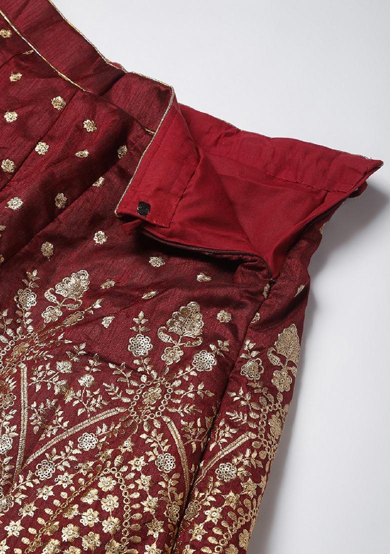 Maroon Zari Embroidered Raw Silk Lehenga Set