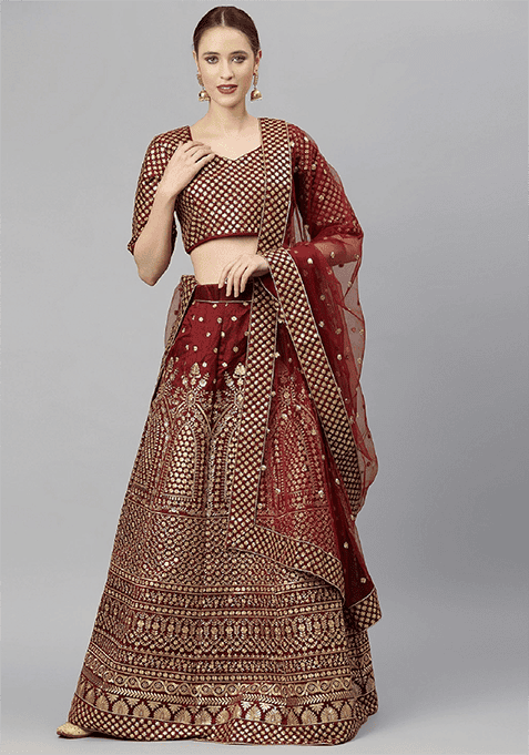 Maroon Zari Embroidered Raw Silk Lehenga Set