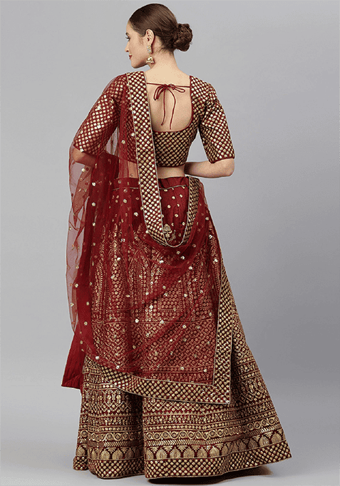 Maroon Zari Embroidered Raw Silk Lehenga Set