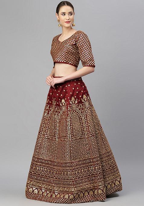 Maroon Zari Embroidered Raw Silk Lehenga Set