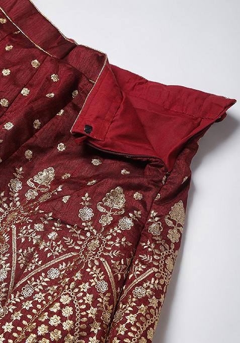Maroon Zari Embroidered Raw Silk Lehenga Set