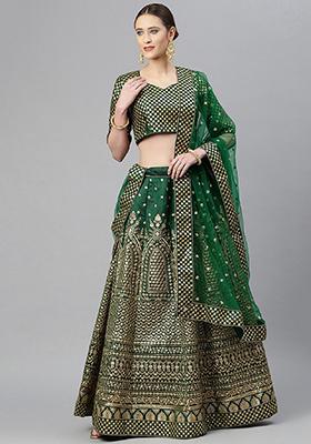 Green Zari Embroidered Raw Silk Lehenga Set