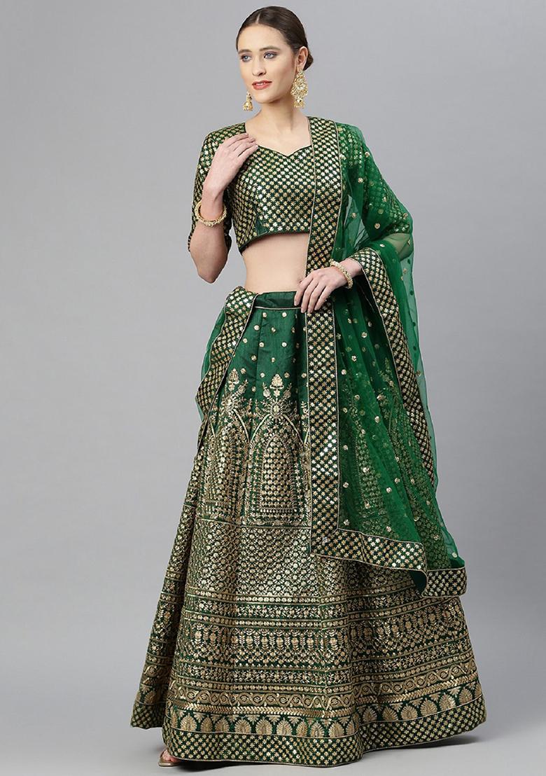 Green Zari Embroidered Raw Silk Lehenga Set