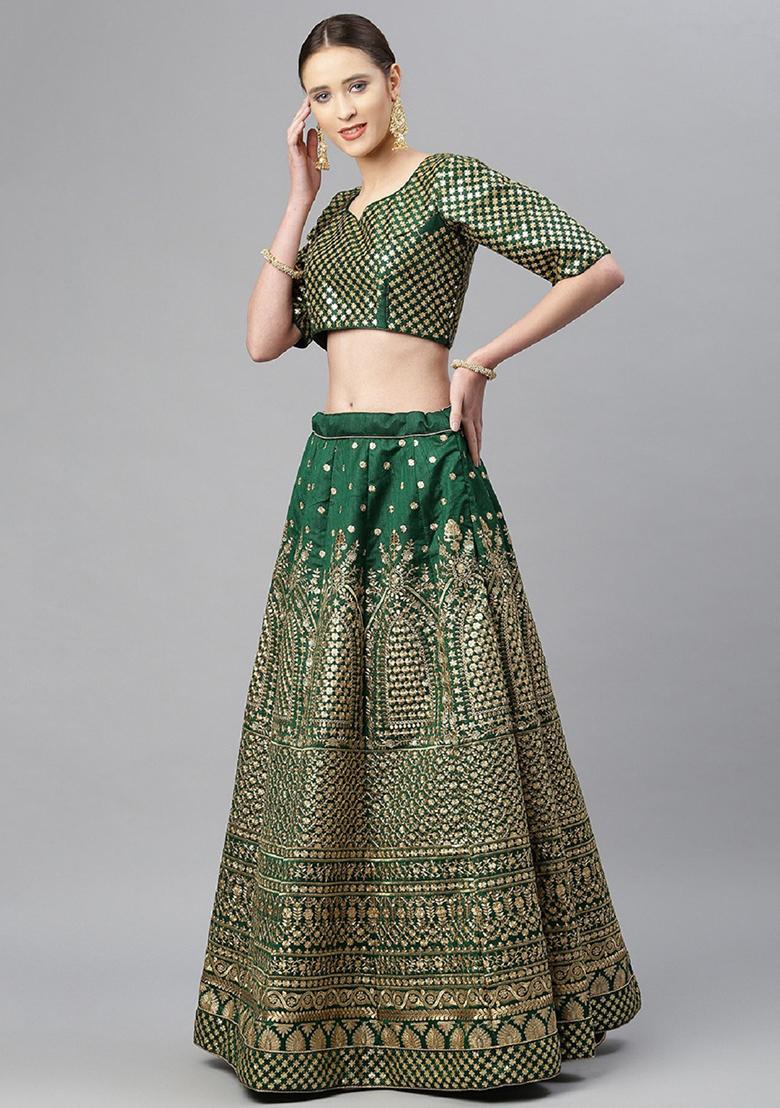 Green Zari Embroidered Raw Silk Lehenga Set