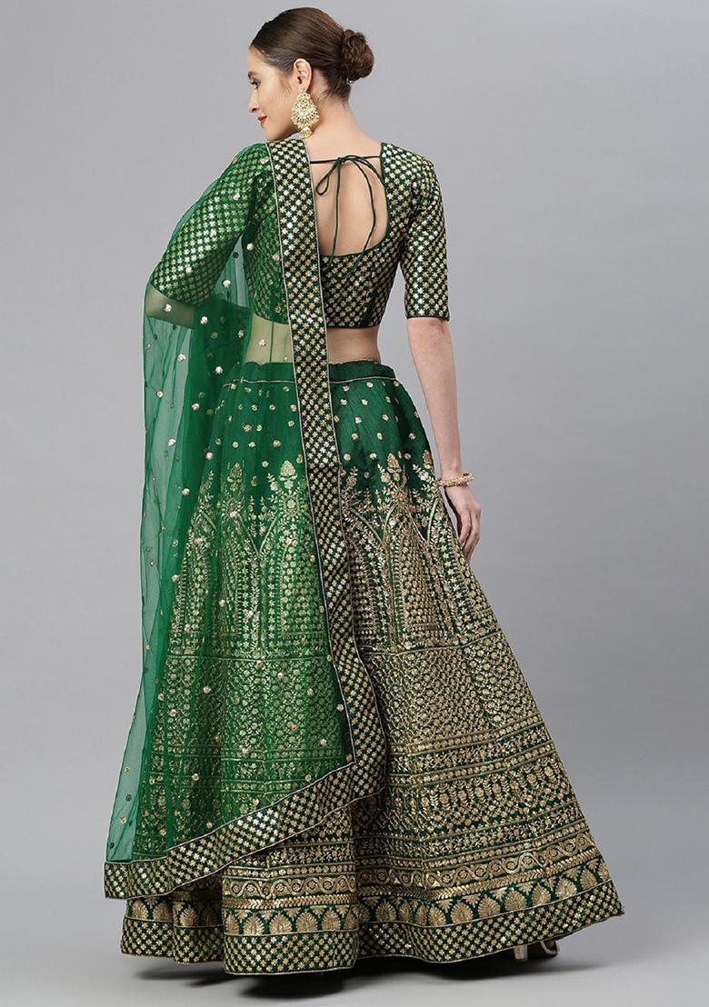 Green Zari Embroidered Raw Silk Lehenga Set