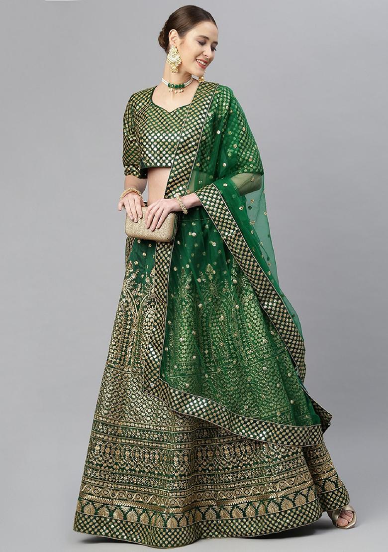 Green Zari Embroidered Raw Silk Lehenga Set - Indya