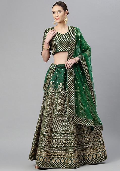 Green Zari Embroidered Raw Silk Lehenga Set