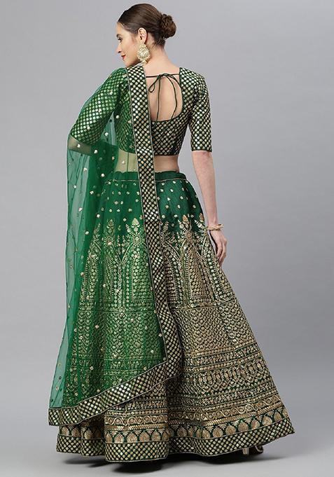 Green Zari Embroidered Raw Silk Lehenga Set