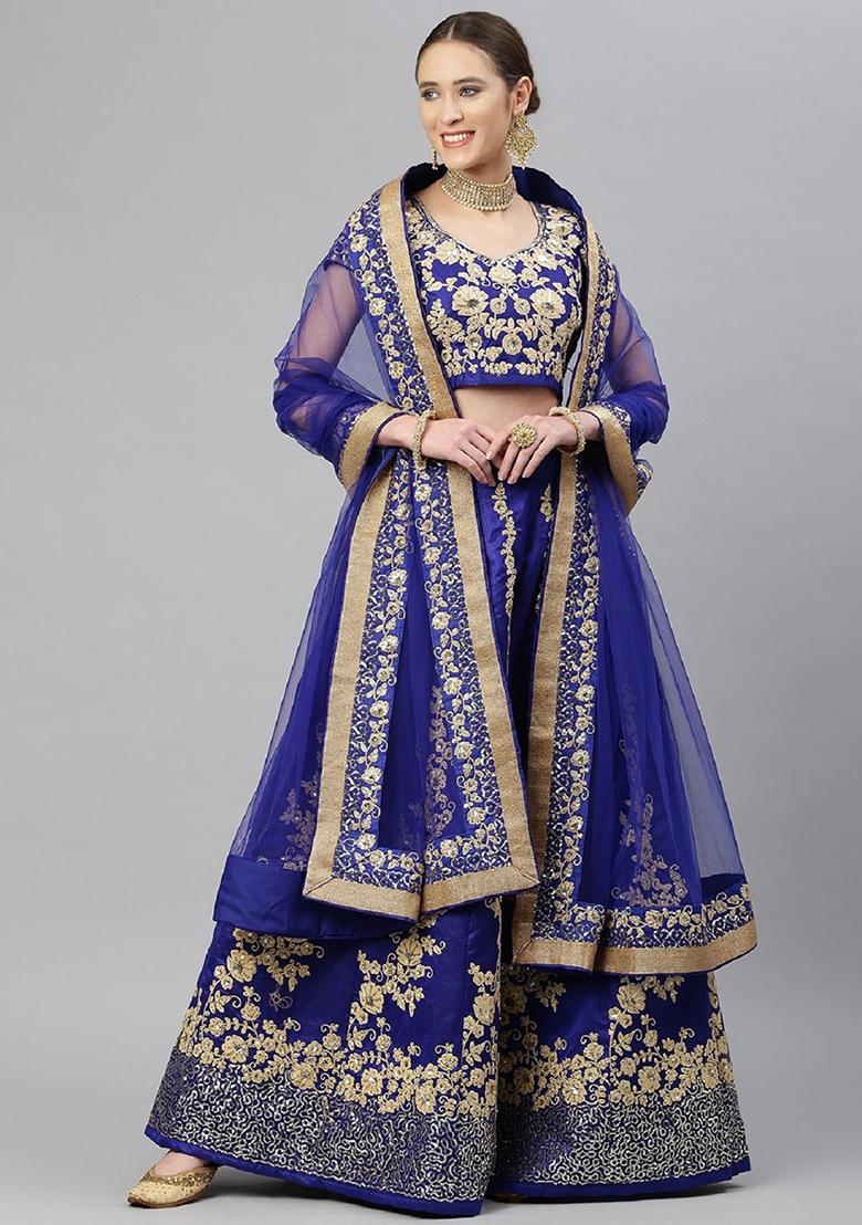 Blue Thread Embroidered Raw Silk Lehenga Set