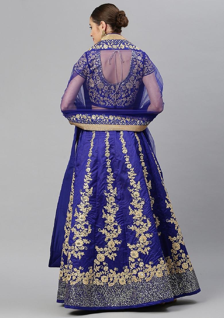 Blue Thread Embroidered Raw Silk Lehenga Set