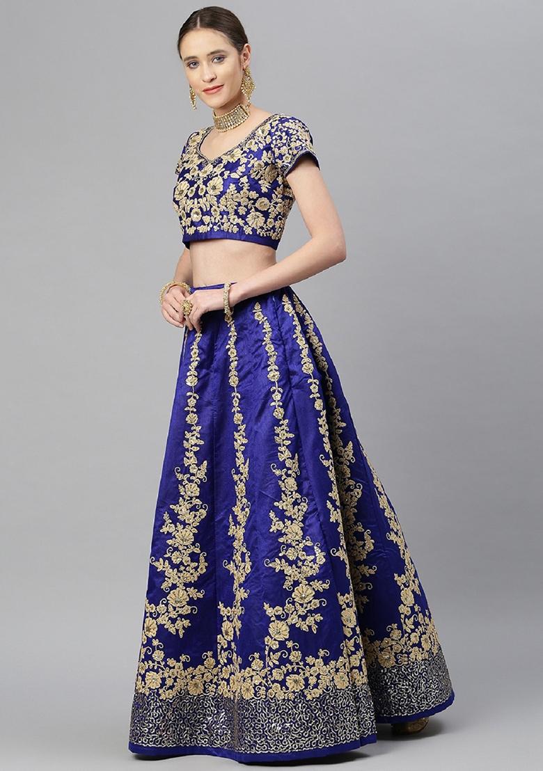 Blue Thread Embroidered Raw Silk Lehenga Set