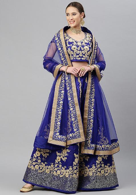 Blue Thread Embroidered Raw Silk Lehenga Set