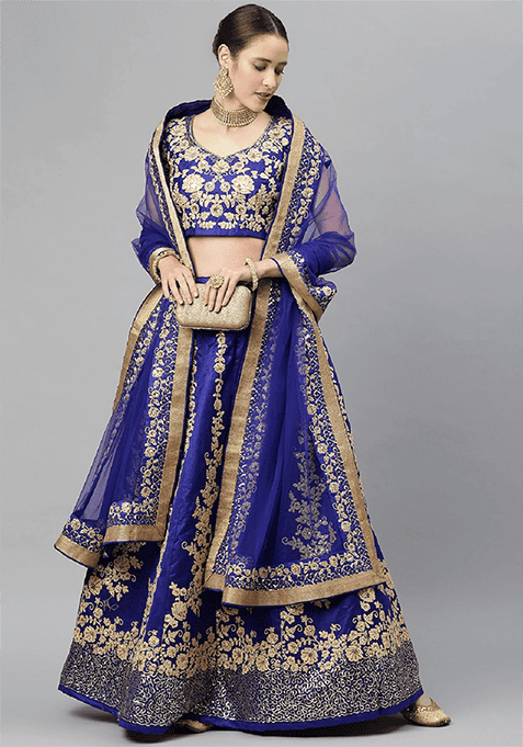 Blue Thread Embroidered Raw Silk Lehenga Set
